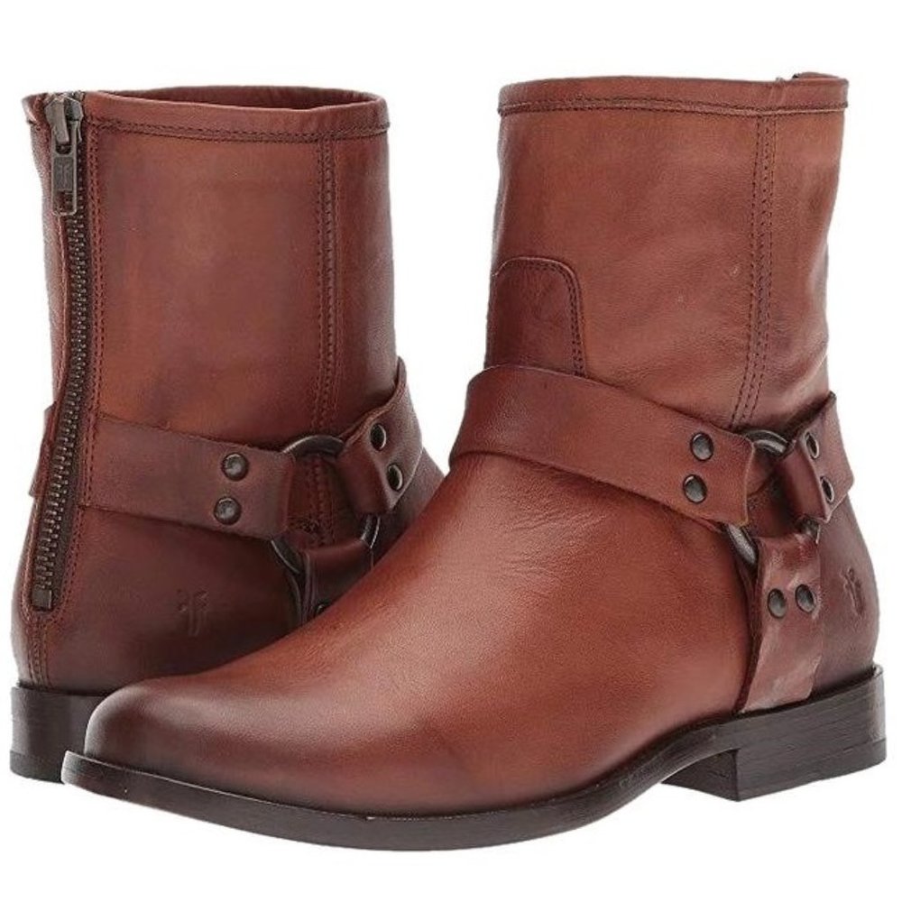 $398 Frye Philip Harness Cognac Leather Ankle Boots 7B
